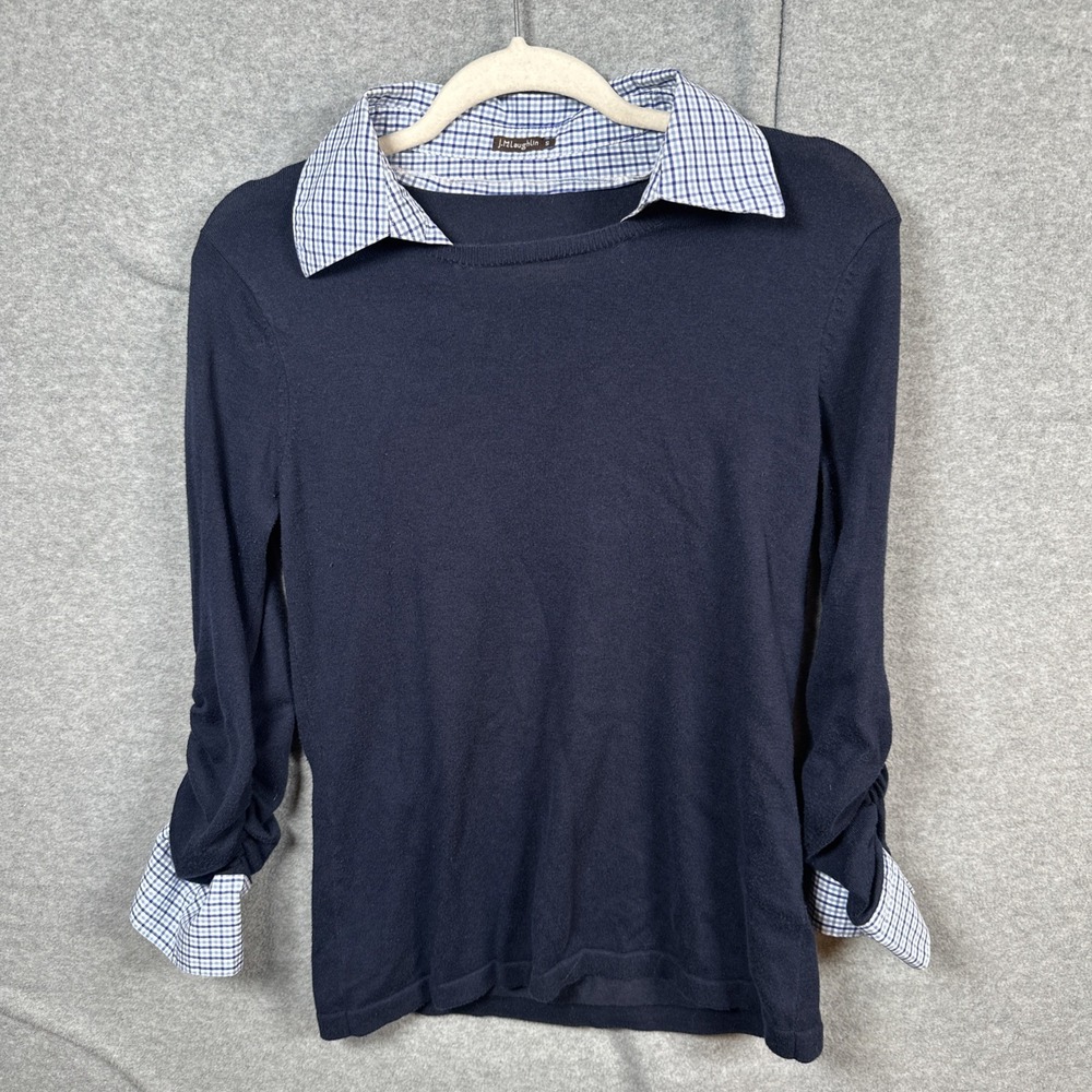 J.McLaughlin Women’s Small Navy Pullover Sweater Gingham Collar Cotton Modal
